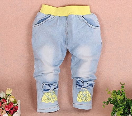 YAO Baby Girls Denim Clothing Sets 3 Pieces Sets T Shirt Denim Jacket and Jeans(Yellow,6-12M) - Image 4